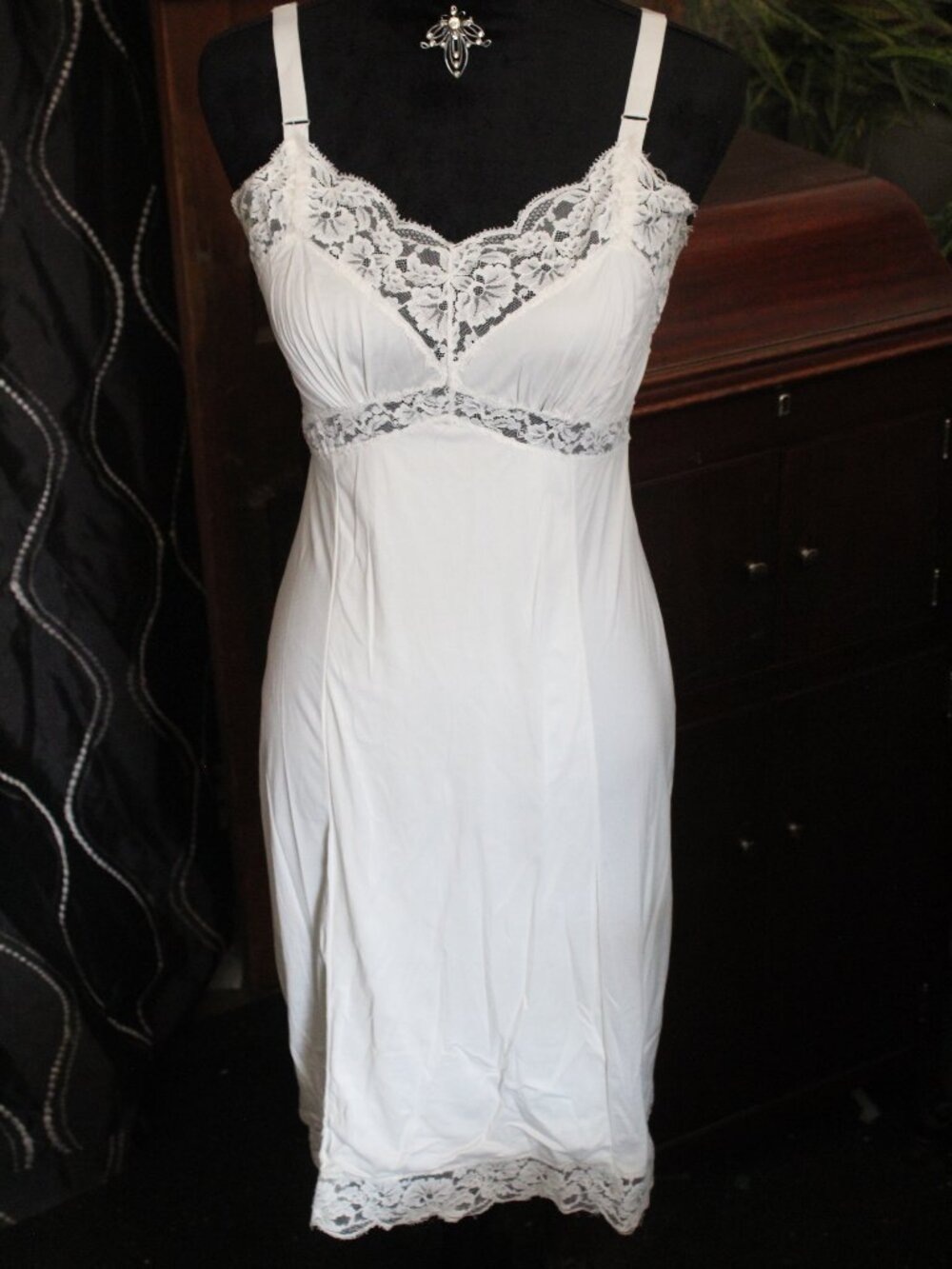 Vintage White Lace Trim Satin Nylon Slip Dress Fairy Coquette Whimsy